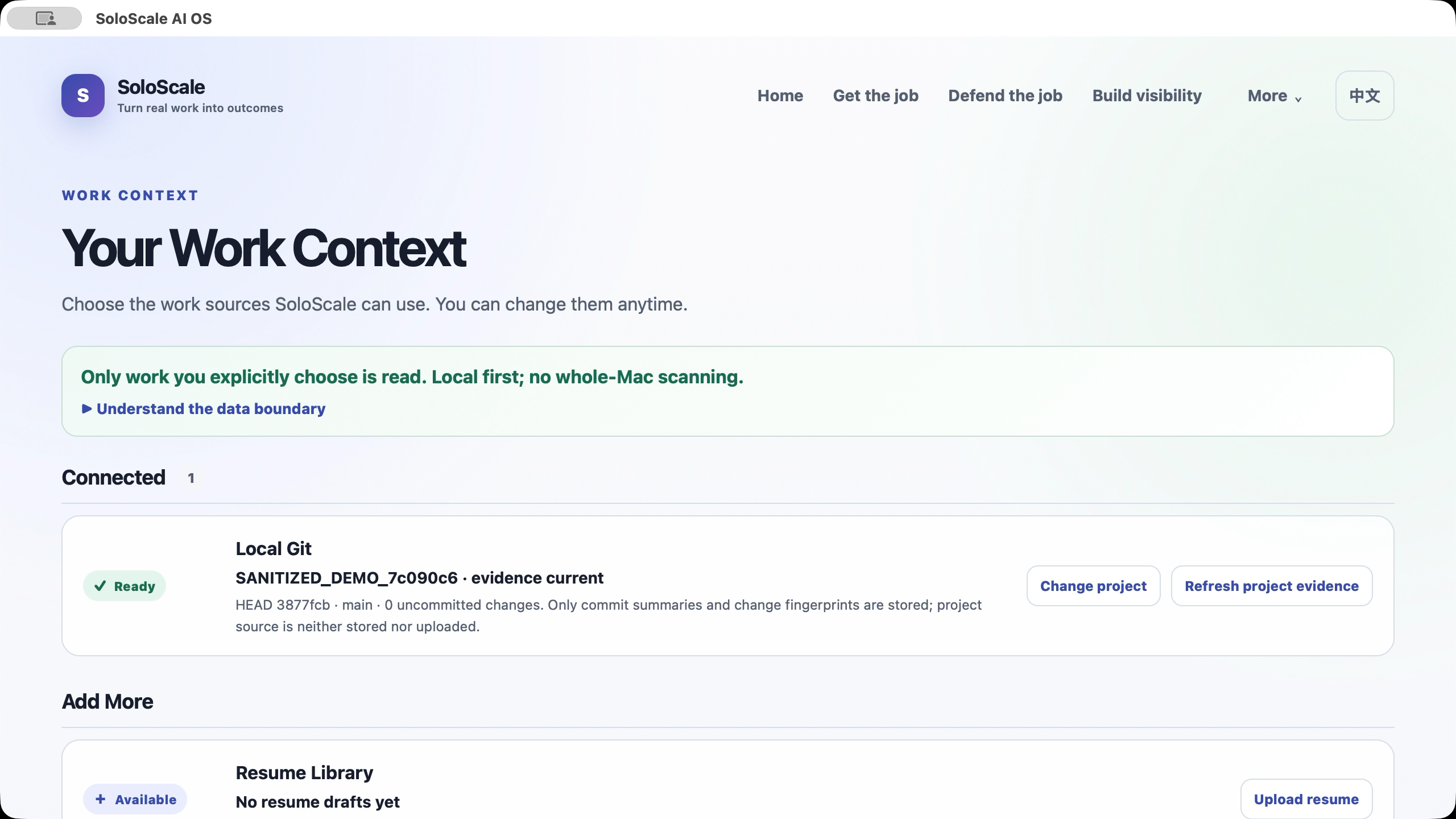SoloScale Work Context showing a sanitized local Git project and evidence refresh control.